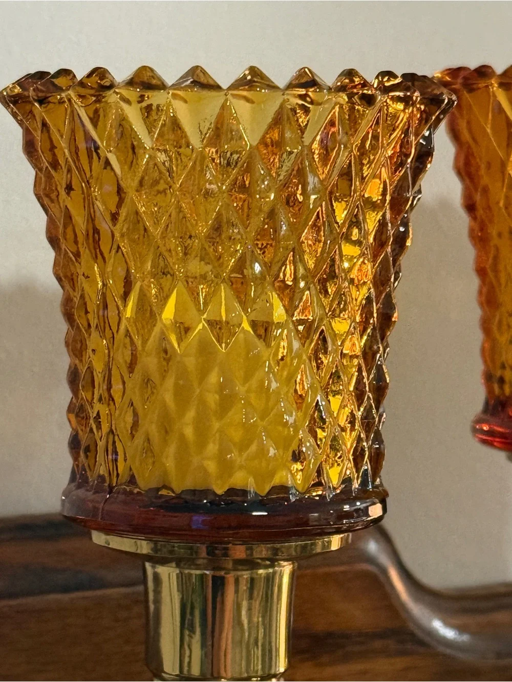Homco Amber Diamond-Pattern Glass Candle Shades - Pair